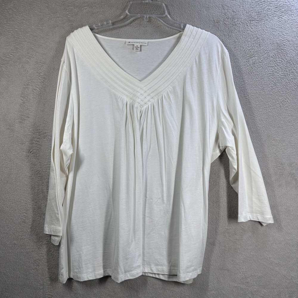 JM Collection Ivory Knit V-Neck Top Plus Size 3X Classic Ivory 3/4 Sleeve